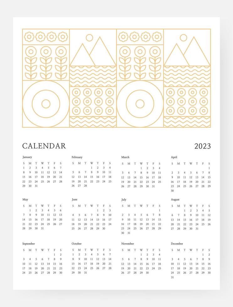 Calendar 2023 template with geometric art deco. 2023 Calendar Week starts on sunday. Vector illustration.