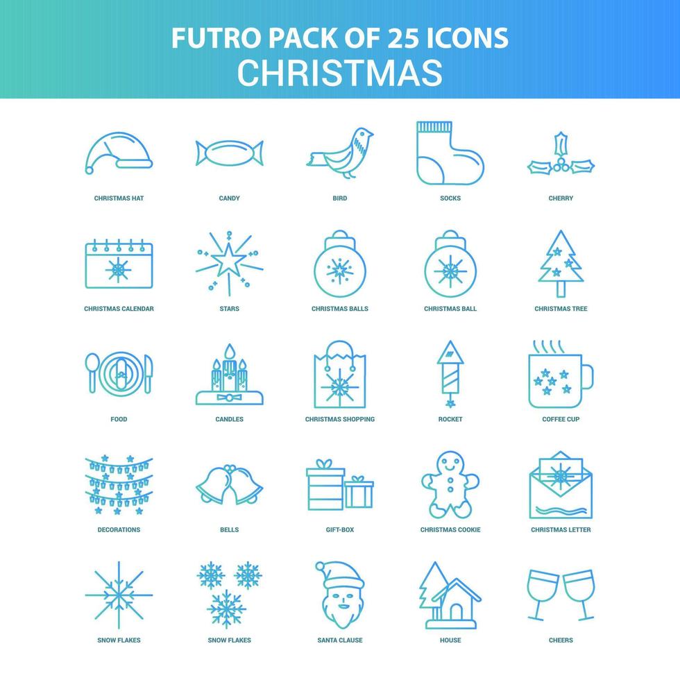 25 Green and Blue Futuro Christmas Icon Pack vector
