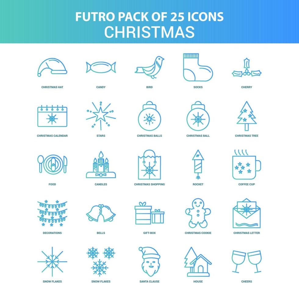 25 paquete de iconos de navidad futuro verde y azul vector