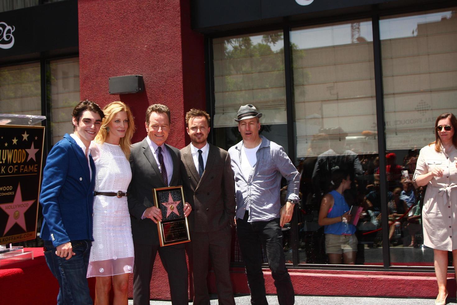 LOS ANGELES, JUL 16 - RJ Mitte, Anna Gunn, Bryan Cranston, Aaron Paul, Producer at the Hollywood Walk of Fame Star Ceremony for Bryan Cranston at the Redbury Hotel on July 16, 2013 in Los Angeles, CA photo