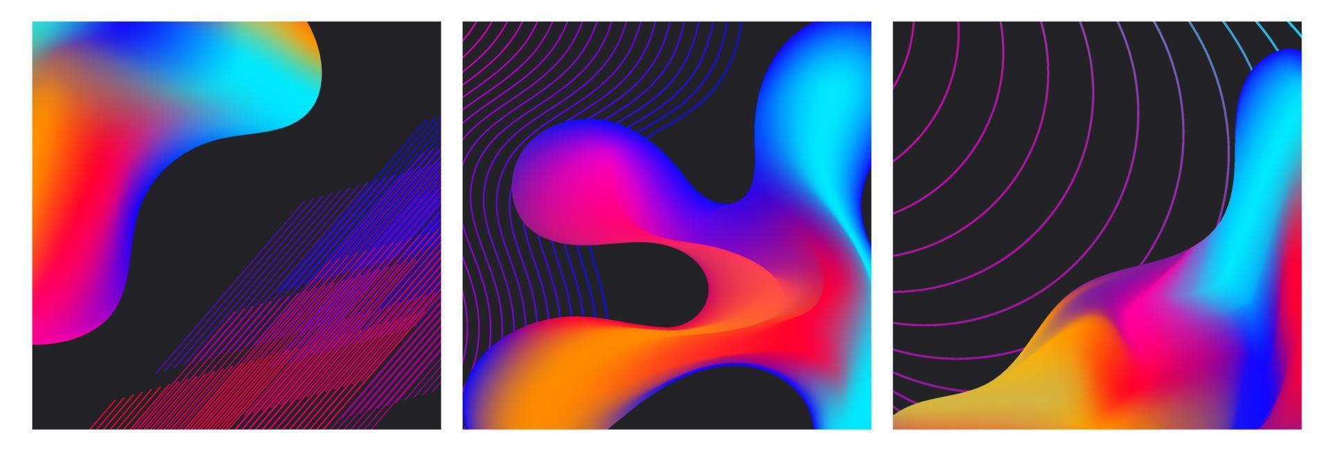 Set abstract background the trendy holographic fluid style. Neon blue, pink, yellow, purple gradients in minimal design. Square banner for social media posts, web, email promotion, brochures, flyers, vector