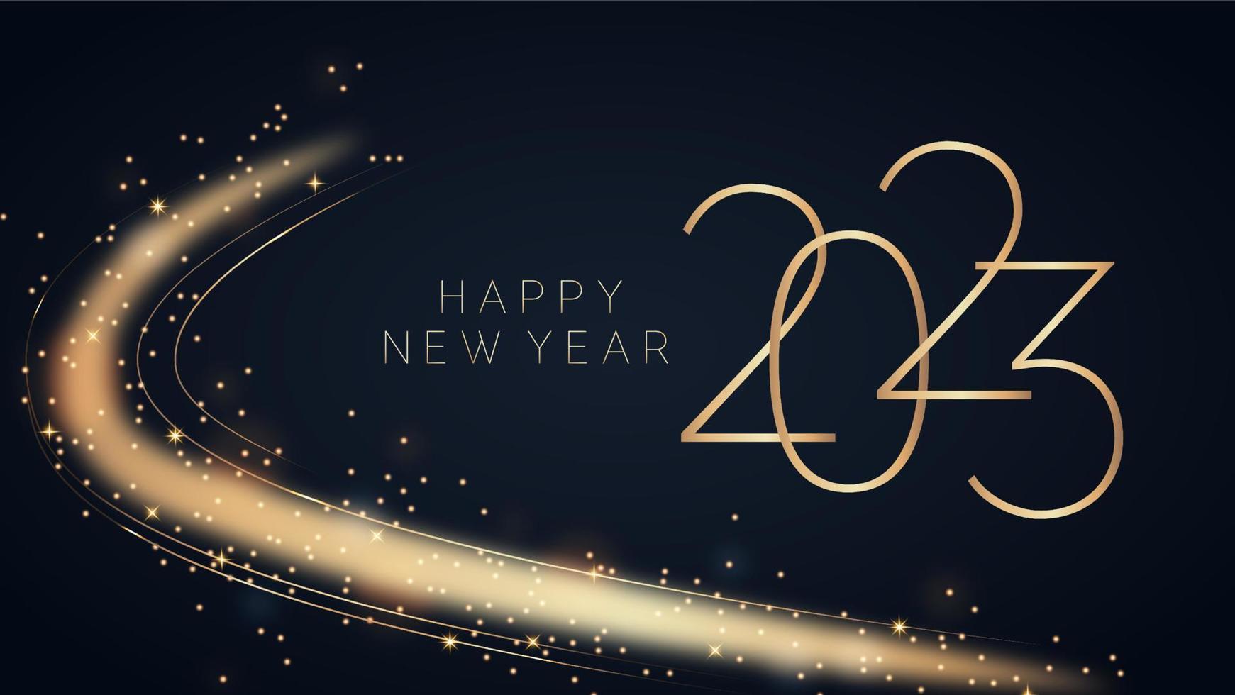 2023 Happy New Year background design. Shiny golden lettering on dark blue background. Luxury festive template for greeting card, banner, poster. Elegant gold text with light. Abstract glittering wave vector