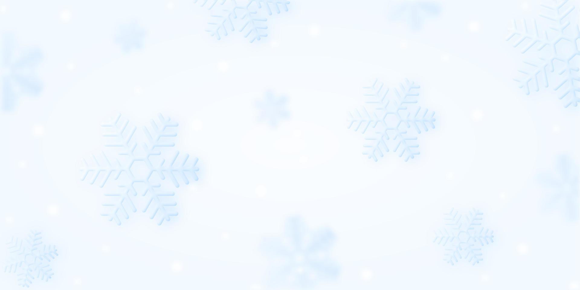 cartel de navidad con copos de nieve cayendo invierno y luces bokeh sobre fondo azul claro. hermosos copos de nieve 3d voladores brillantes. plantilla horizontal para navidad, diseño de vacaciones de año nuevo vector