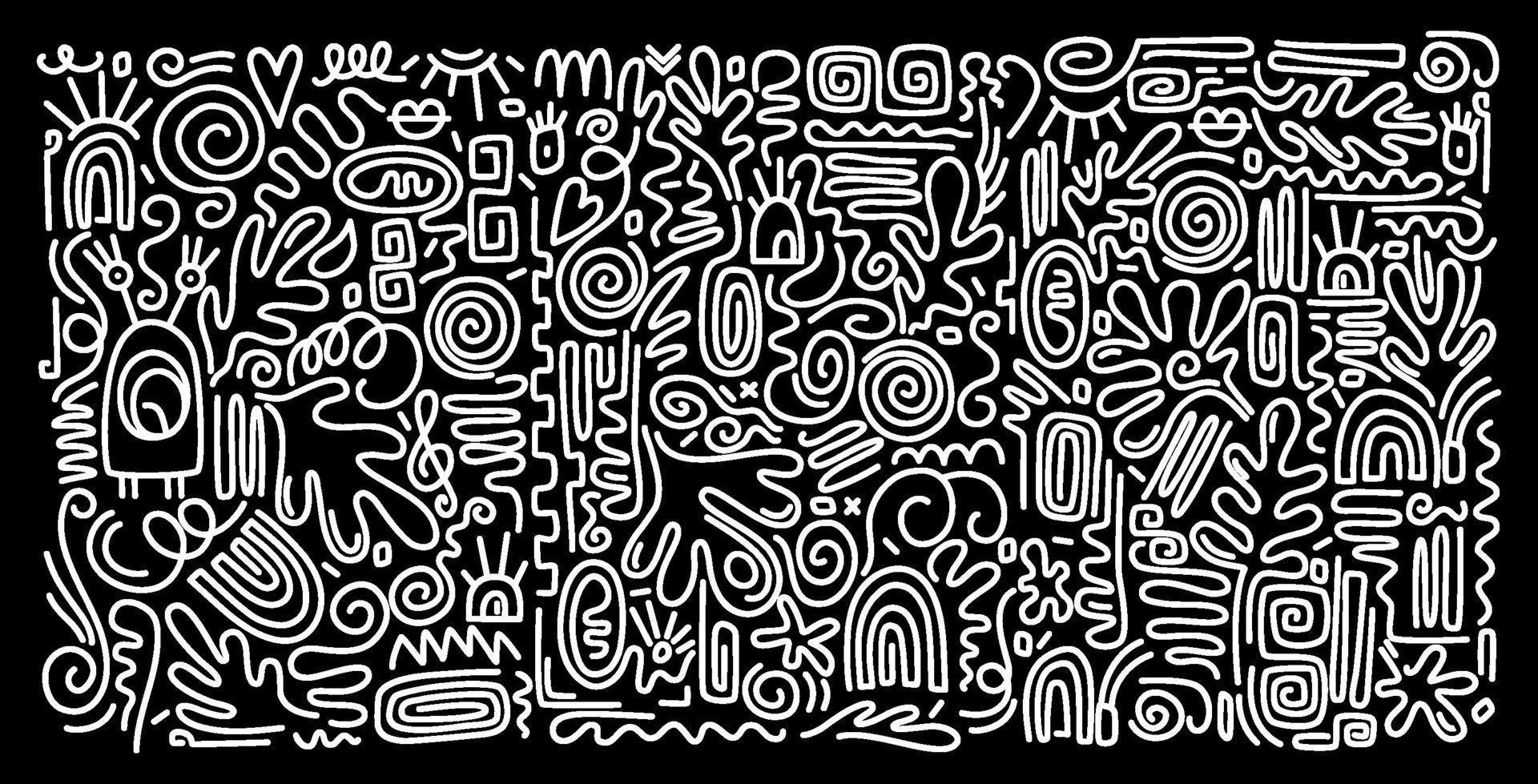 Vector stickers and labels in doodle style. Aesthetic Contemporary printable pattern with abstract Minimal elegant line brush stroke shapes and line in black colors. Simple childish scribble backdrop.