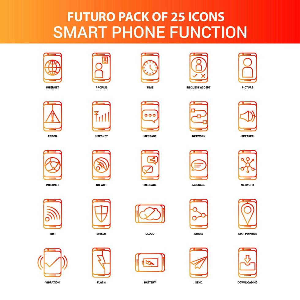 Orange Futuro 25 Smart phone functions Icon Set vector