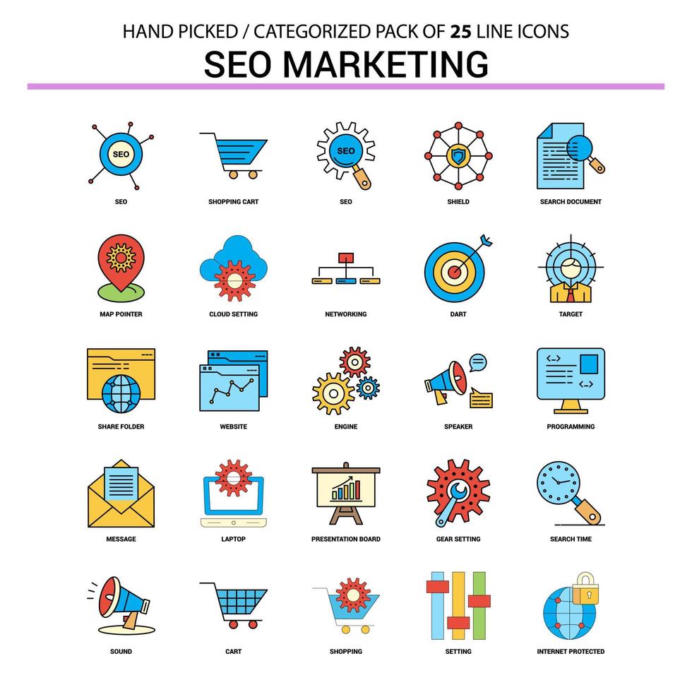 diseño de iconos de concepto de negocio conjunto de iconos de línea plana de marketing seo vector