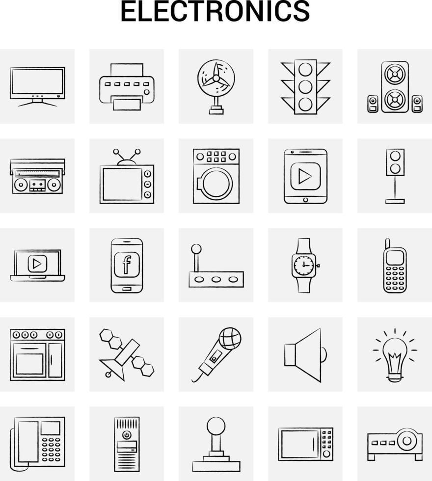 25 conjunto de iconos de electrónica dibujados a mano fondo gris garabato vectorial vector