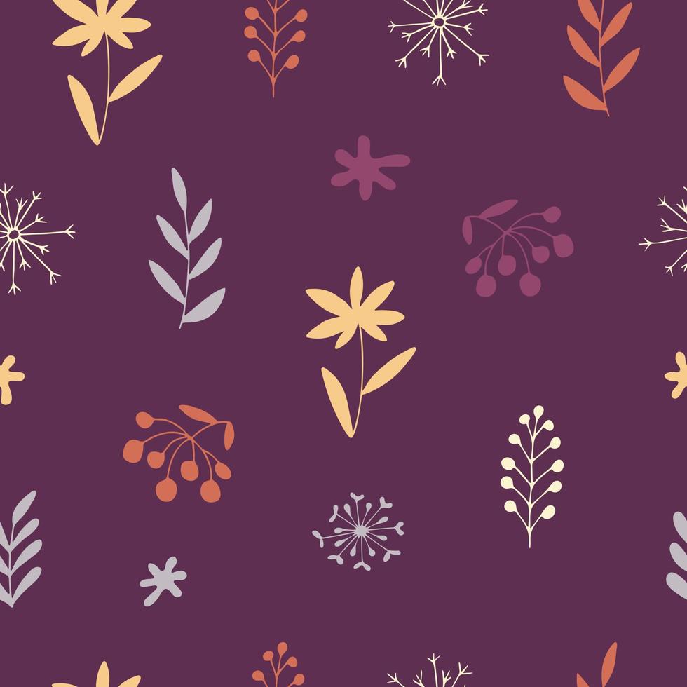 Seamless pattern with abstract plants on dark purple background. vector