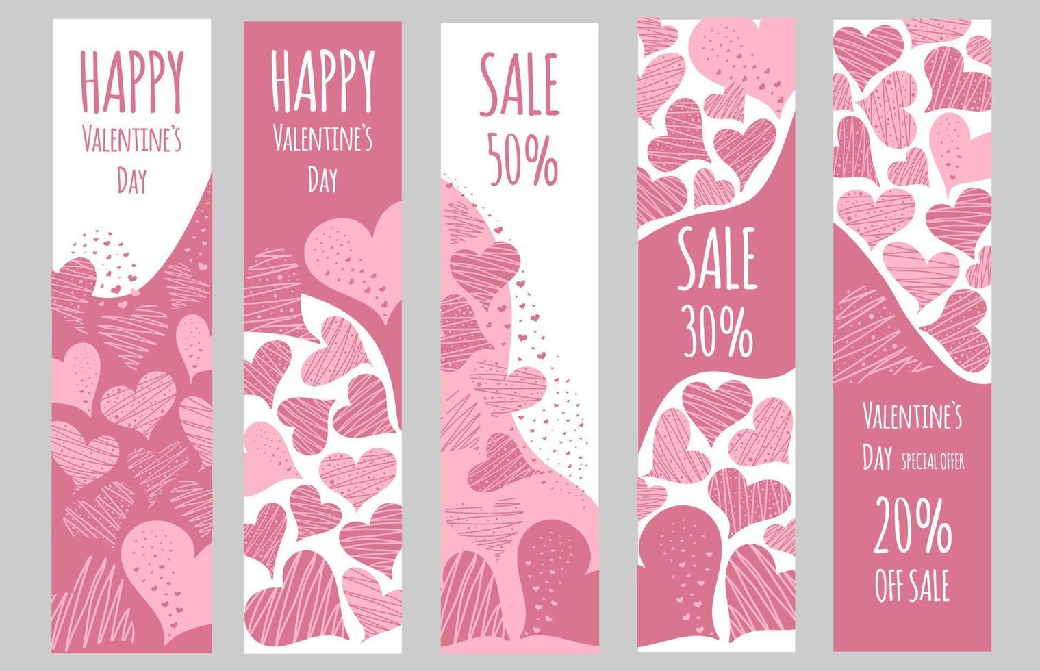 venta del día de san valentín. conjunto de pancartas o carteles con muchos corazones rosas. vector