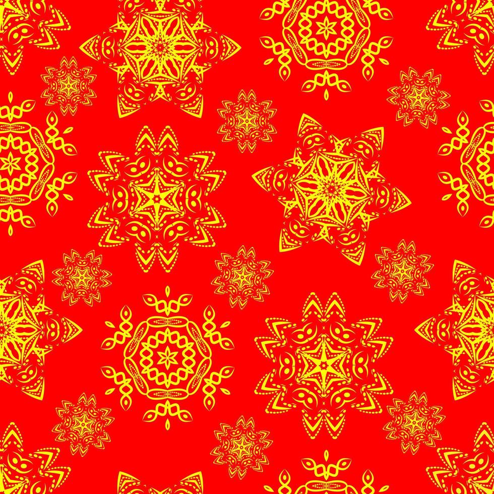 Seamless pattern with yellow christmas snowflakes on red background. vector