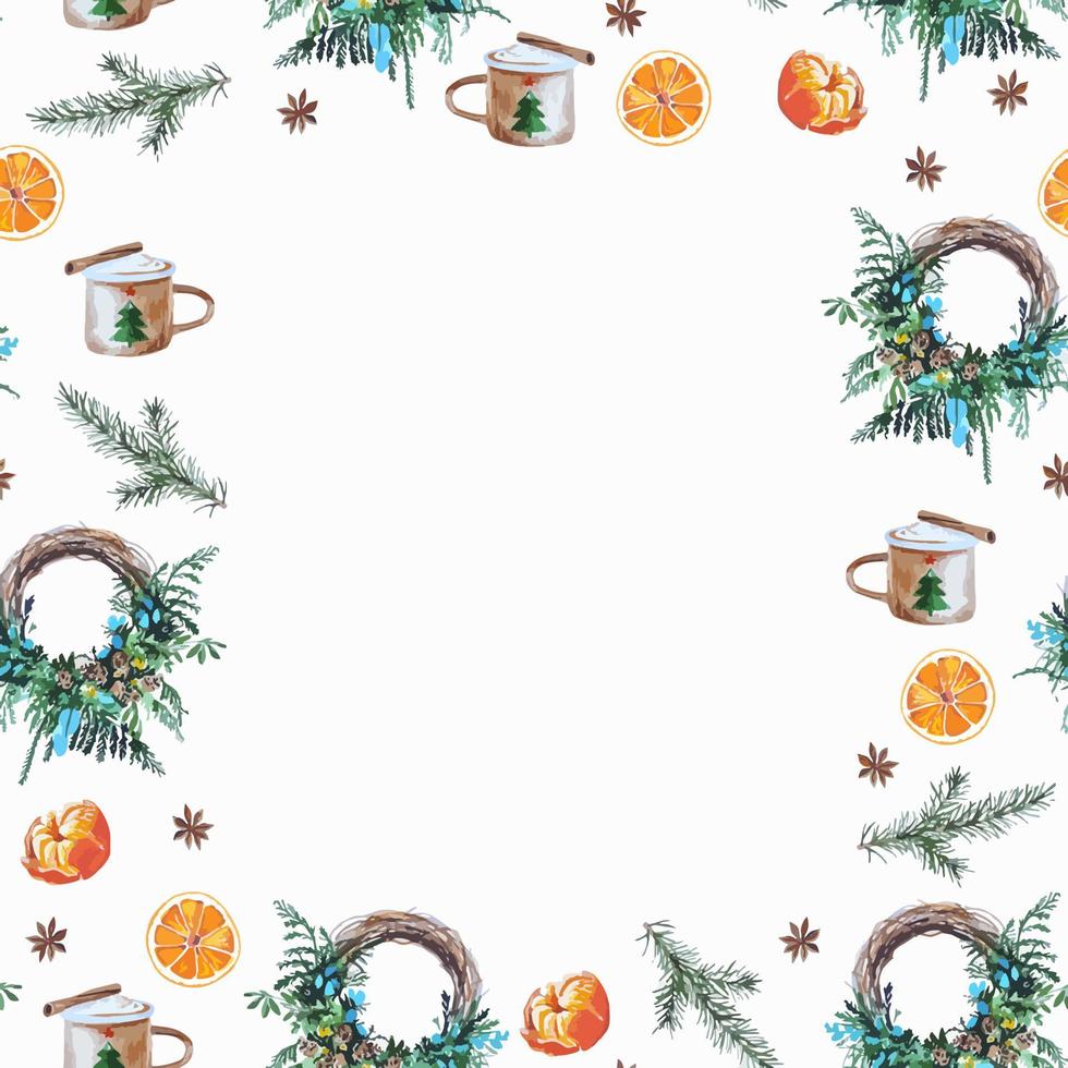 Watercolor christmas background frame with christmas tree branches, wreathes, mandarins for napkins, textile, greetings and other decor vector