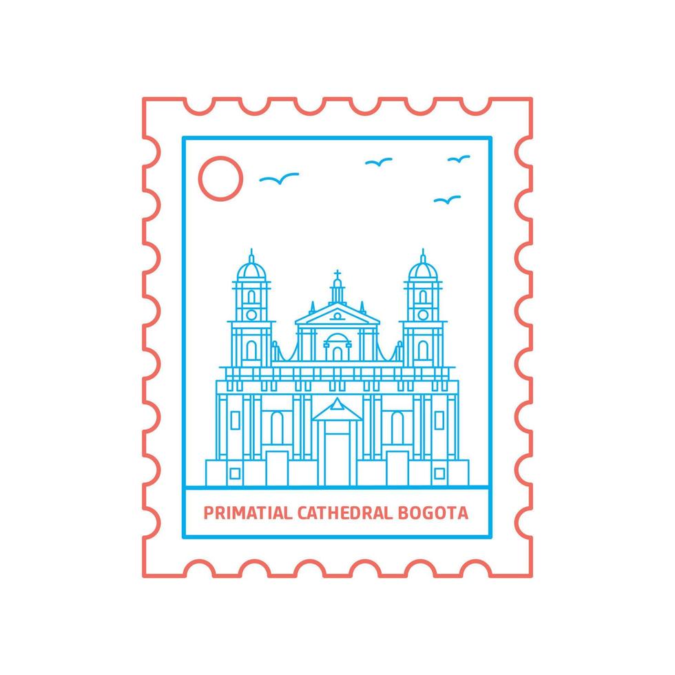PRIMATIAL CATHEDRAL BOGOTA postage stamp Blue and red Line Style vector illustration