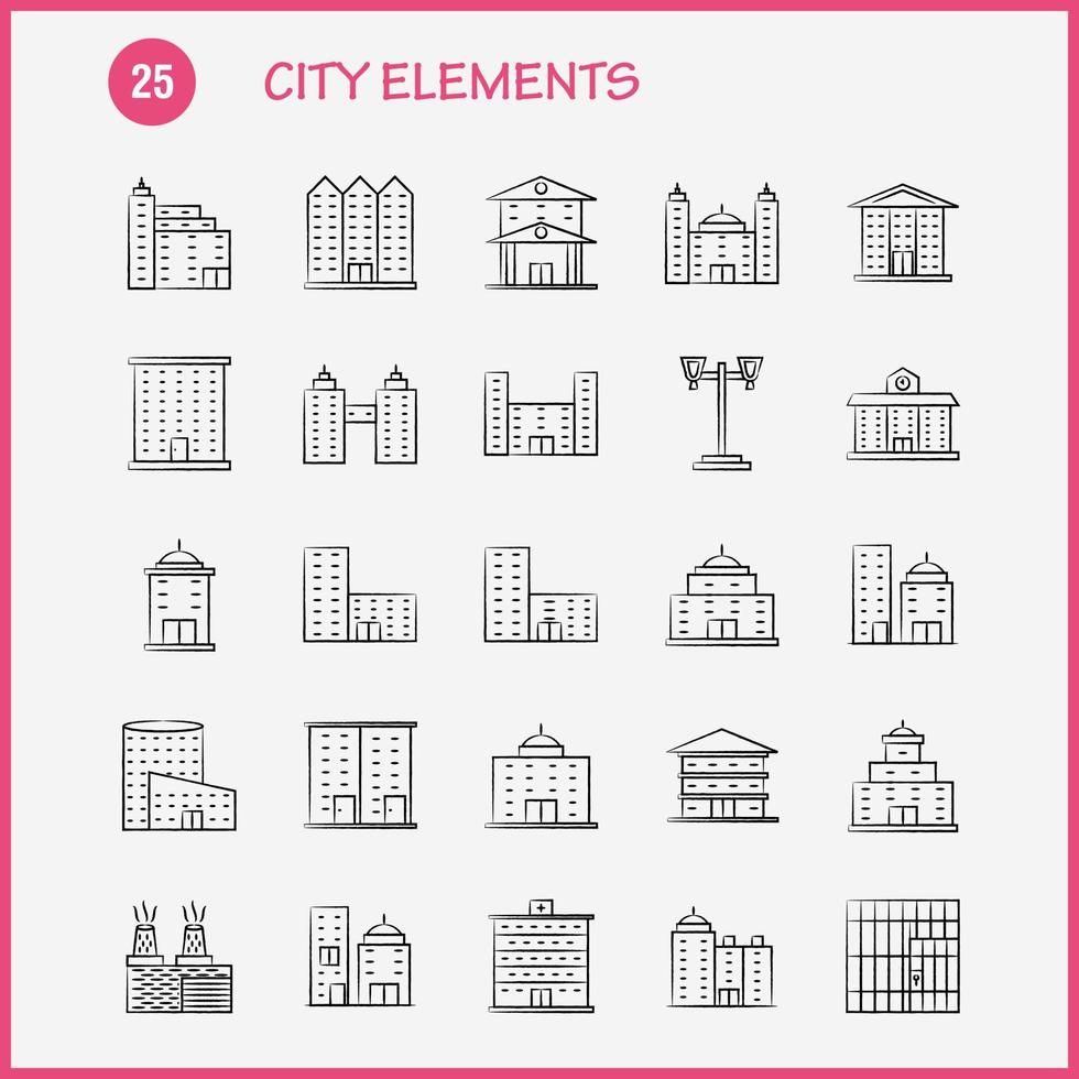 elementos de la ciudad iconos dibujados a mano establecidos para infografías kit uxui móvil y diseño de impresión incluyen edificio de torre edificios de oficinas de la ciudad torre ciudad oficina eps 10 vector