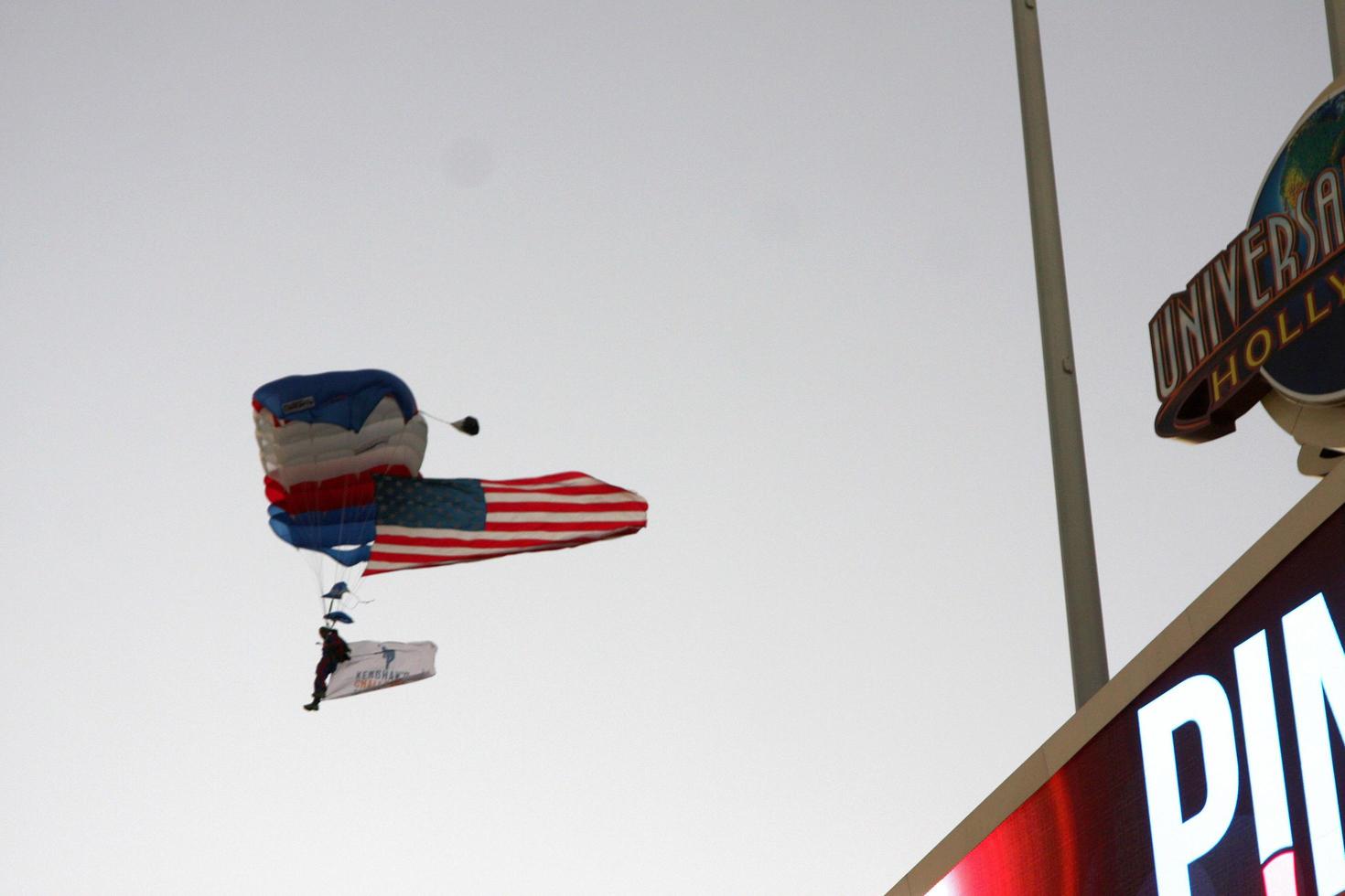 LOS ANGELES, SEP 4 - Skydivers Arriving at Event at the Ping Pong 4 Purpose Charity Event at Dodger Stadium on September 4, 2014 in Los Angeles, CA photo