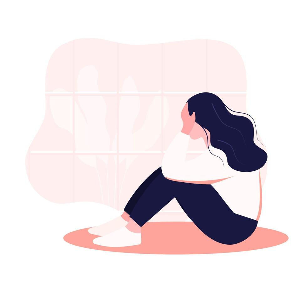 A female woman in depression with bewildered thoughts of her mind is depressed. In window, young sad girl sitting on her knees and hugging her knees. flat style vector