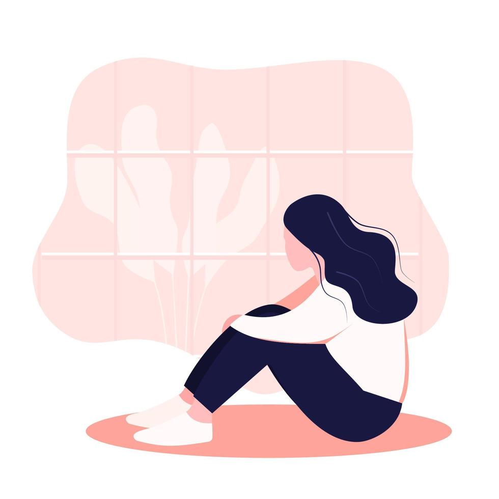 A female woman in depression with bewildered thoughts of her mind is depressed. In window, young sad girl sitting on her knees and hugging her knees. flat style vector