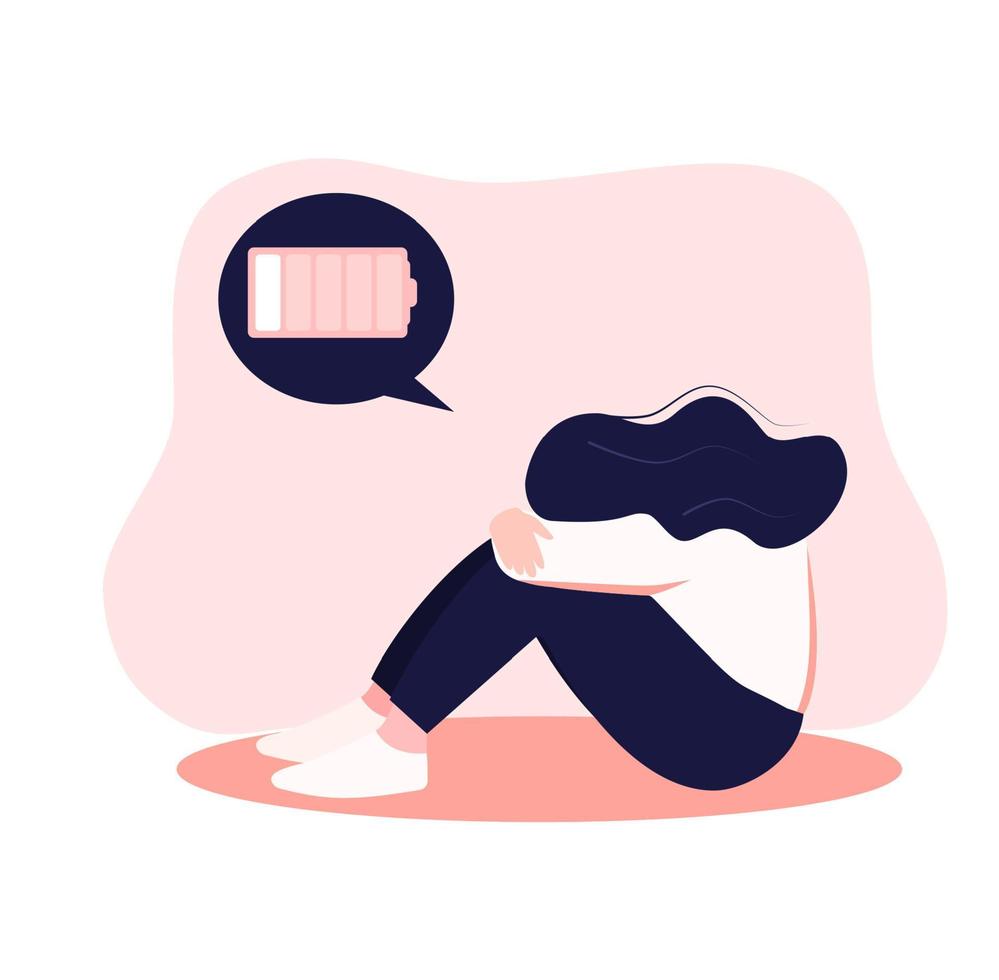A tired woman sitting with the discharged battery in the thought. Concept of mental disorder, emotional burnout or mental depression. Flat vector. vector