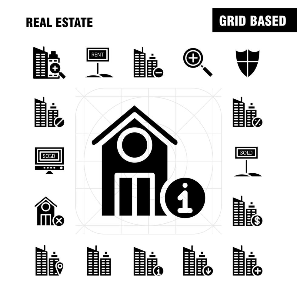 paquete de iconos de glifos sólidos de bienes raíces para diseñadores y desarrolladores iconos de bienes raíces ayuda hogar información de la casa vector de bienes raíces