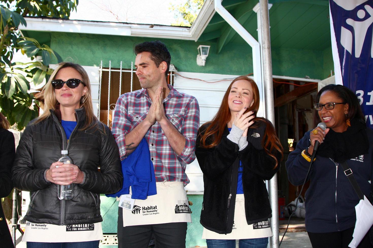 LOS ANGELES, FEB 9 - Kelly Sullivan, Jason Thompson, Emily Wilson, Jo-Ann Thurman Mrs Glenn Thurman at the 4th General Hospital Habitat for Humanity Fan Build Day at the 191 E Marker Street on February 9, 2013 in Long Beach, CA photo