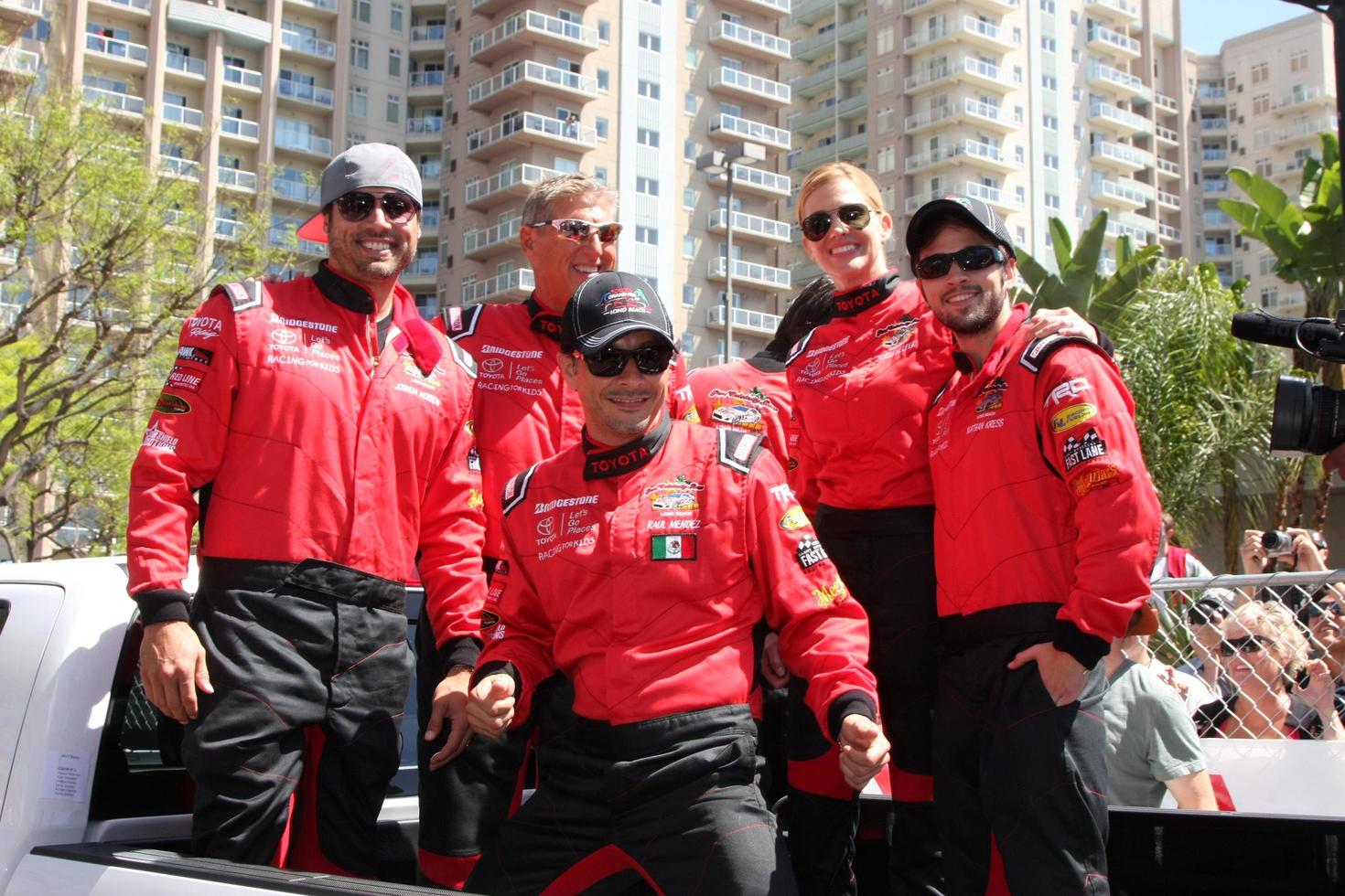 LOS ANGELES, FEB 18 - Joshua Morrow, Dave Pasant, Raul Mendez, Tricia Helfer, Nathan Kress at the Toyota Grand Prix Pro Celeb Race at the Toyota Grand Prix Racecourse on April 18, 2015 in Long Beach, CA photo