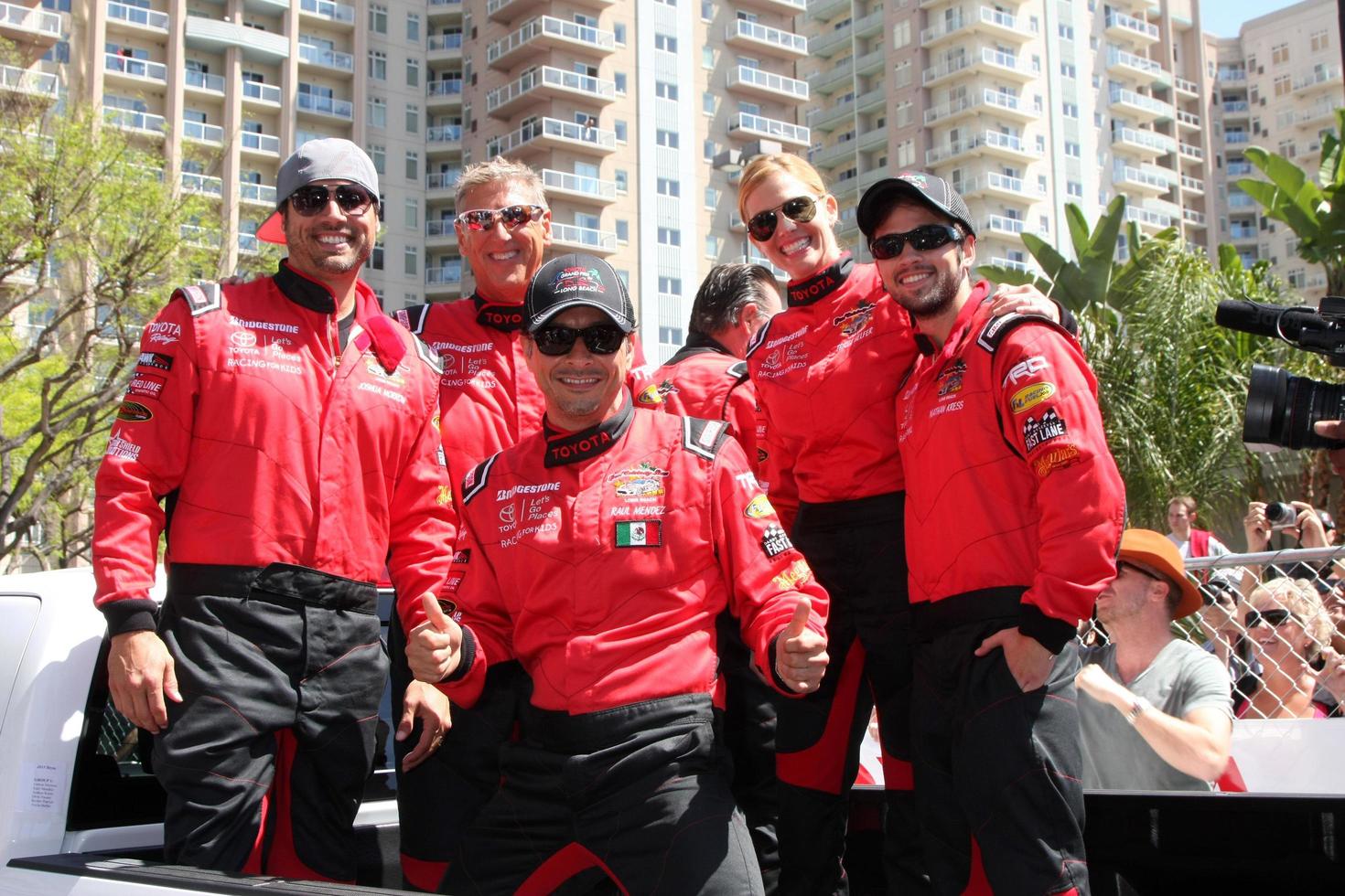 LOS ANGELES, FEB 18 - Joshua Morrow, Dave Pasant, Raul Mendez, Tricia Helfer, Nathan Kress at the Toyota Grand Prix Pro Celeb Race at the Toyota Grand Prix Racecourse on April 18, 2015 in Long Beach, CA photo