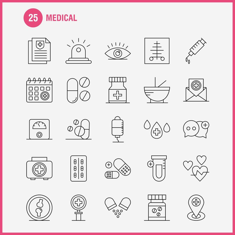 los iconos de línea médica establecidos para el kit de uxui móvil de infografía y el diseño de impresión incluyen medicina médica hospital atención médica tubo médico laboratorio más eps 10 vector