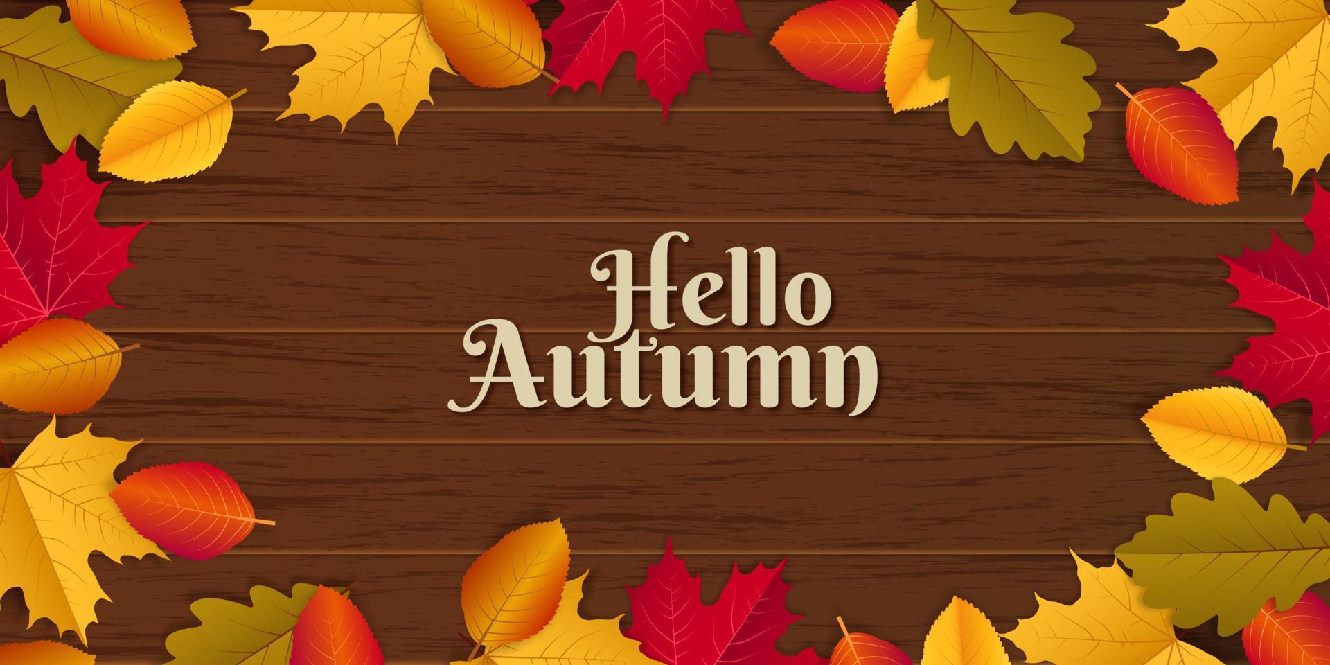 Hello Autumn illustration with scattered autumn leaves vector