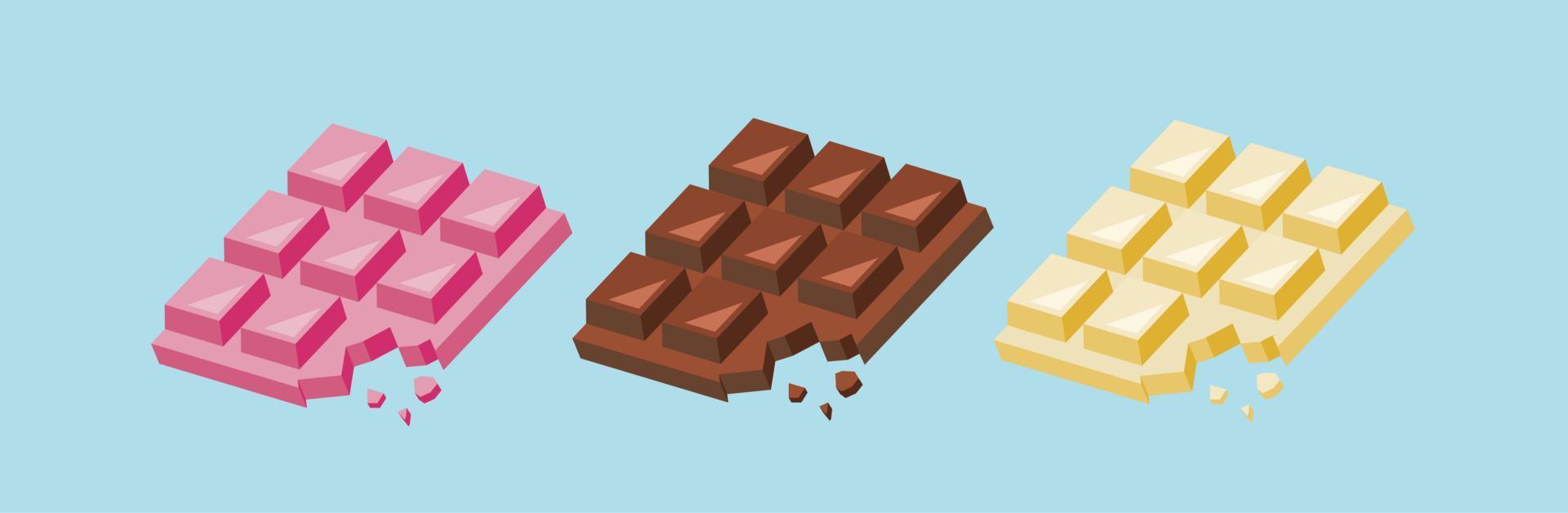 barras de chocolate ilustración vectorial aislada. chocolate. trozos, virutas, frutos de cacao. chocolates oscuros, de leche y de fresa rosa para el día de san valentín y el día blanco. ingrediente para postre dulce, pastel vector