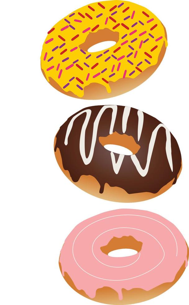 conjunto de vector de donut de chocolate aislado en el fondo. colección de donas. rosquillas dulces de azúcar glas. tiempo de descanso con la vista superior de whitedonuts. lindos donuts pastel dulces postres de verano