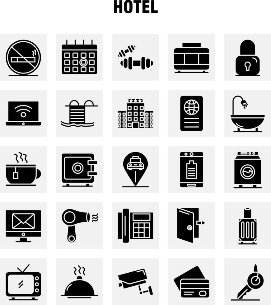 los iconos de glifo sólido del hotel establecidos para el kit de uxui móvil de infografía y el diseño de impresión incluyen el vector de conjunto de iconos de celda móvil del hotel de la puerta de entrada y salida del hotel