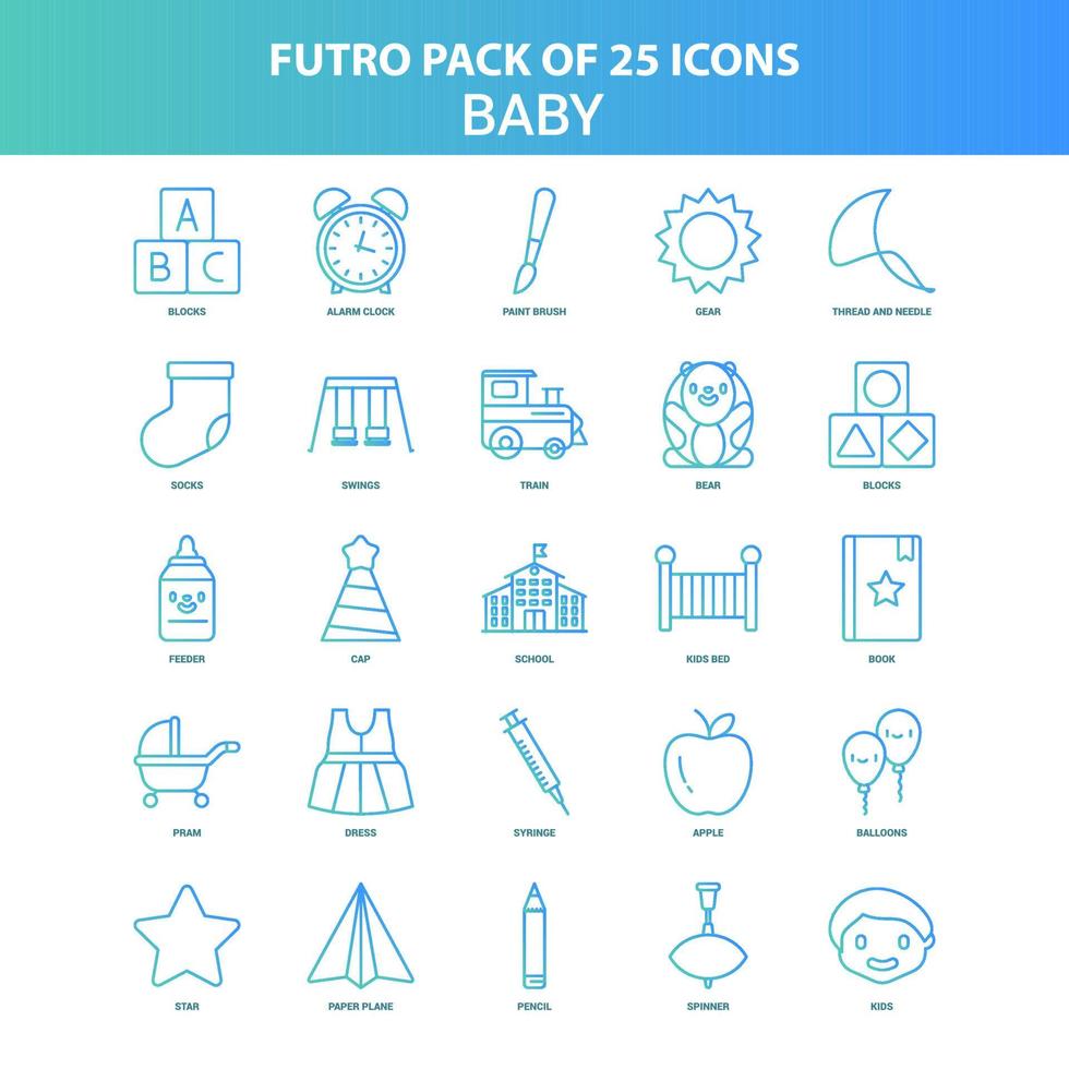 paquete de 25 iconos de futuro bebé verde y azul vector