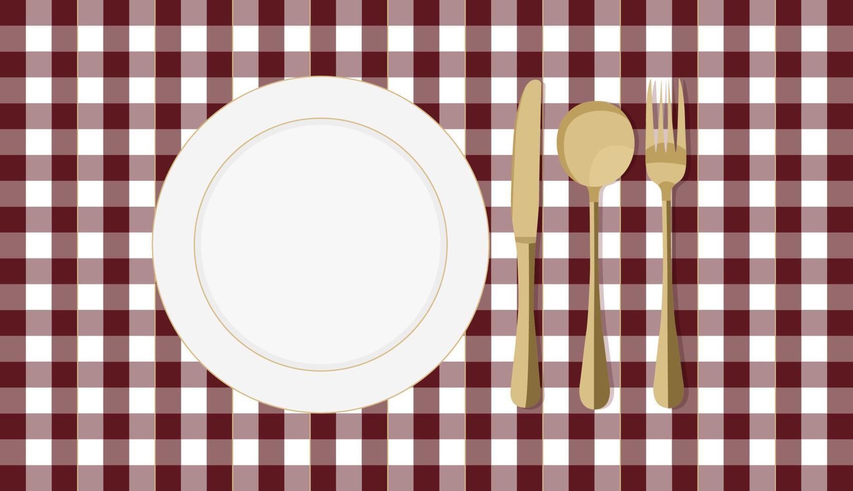 Checkered napkin with plate and gold cutlery. Thermal insulation mat. Vector illustration