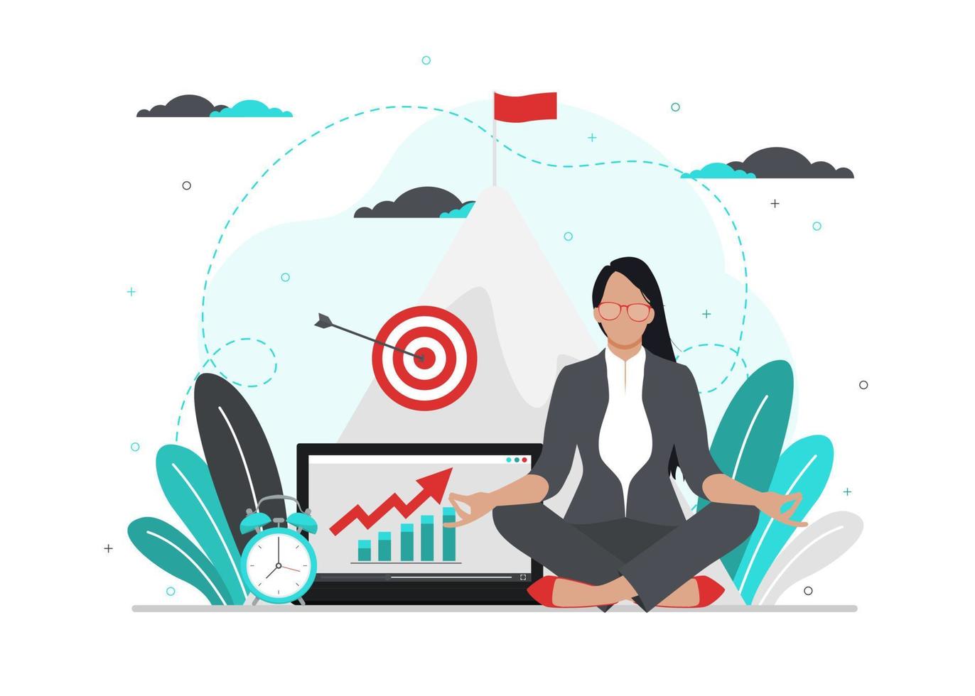 Business technology concept. A businesswoman works in an office. Self discipline and time managment, goals, strategy, development, motivation concept. Vector illustration isolated on white background