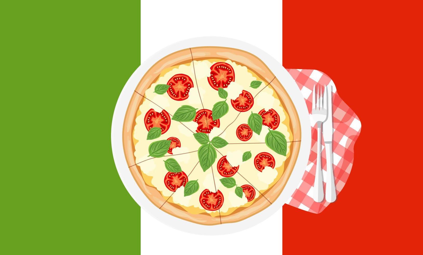 Hot pizza Margarita on the background of the Italian flag. Italian fast food. Italy snack with tomatoes, basil and mozzarella cheese. Flat vector illustration