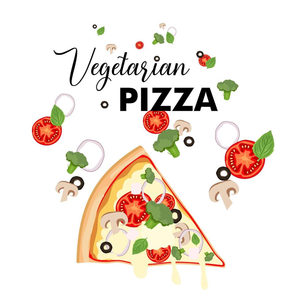 Pizza with tomato, broccoli, basil, black olives, mushrooms and mozzarella cheese. Vegetarian pizza slice. Hot pizza with vegetables isolated on white background. Flat vector illustration