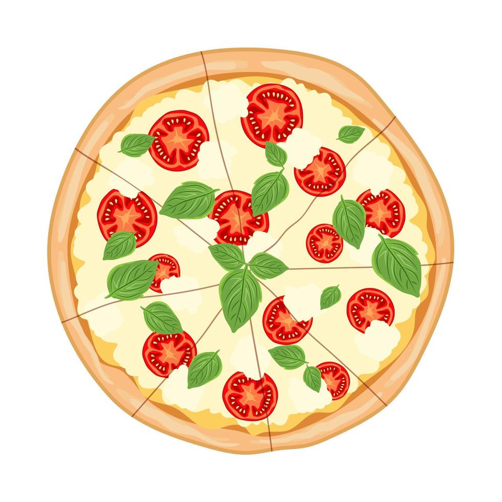Pizza Margarita top view. Italian fast food. Italy snack with tomato, basil leaves and mozzarella cheese.Tasty meal, fast food icon. Flat vector illustration isolated on white background