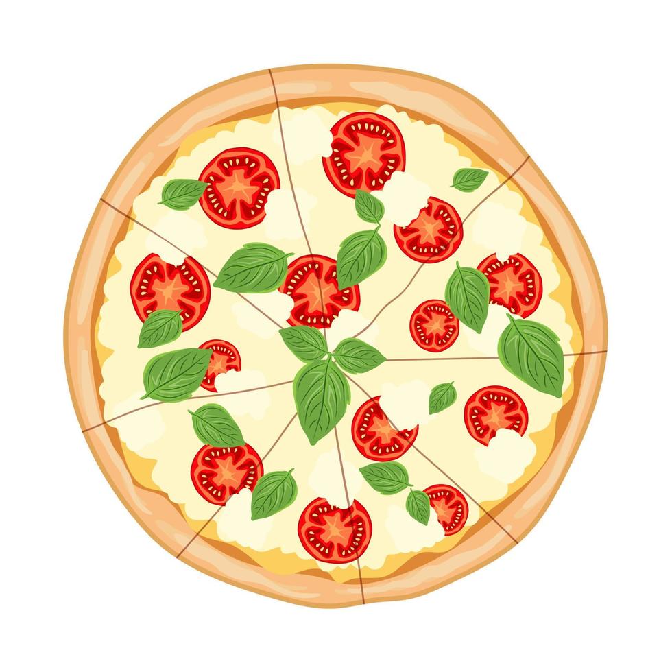 vista superior de pizza margarita. comida rápida italiana. merienda italiana con tomate, hojas de albahaca y queso mozzarella.comida sabrosa, ícono de comida rápida. ilustración vectorial plana aislada sobre fondo blanco vector