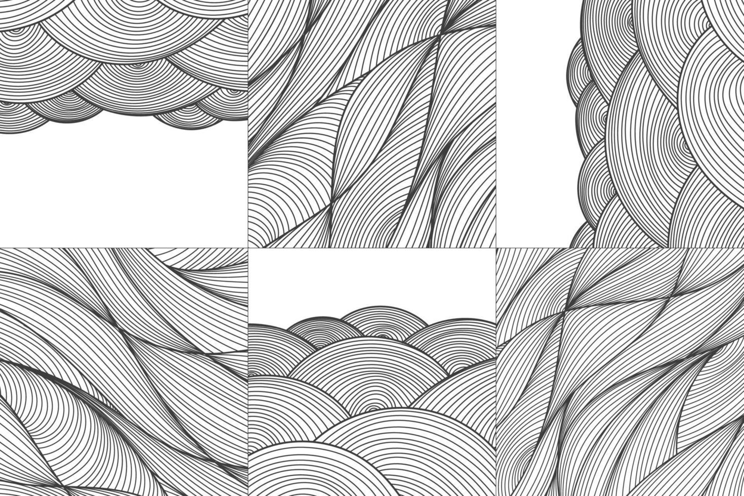 Vector set of hand drawn sketch wavy patterns, organic backgrounds. Black and white hair waves. Japanese textures, doodle stripes