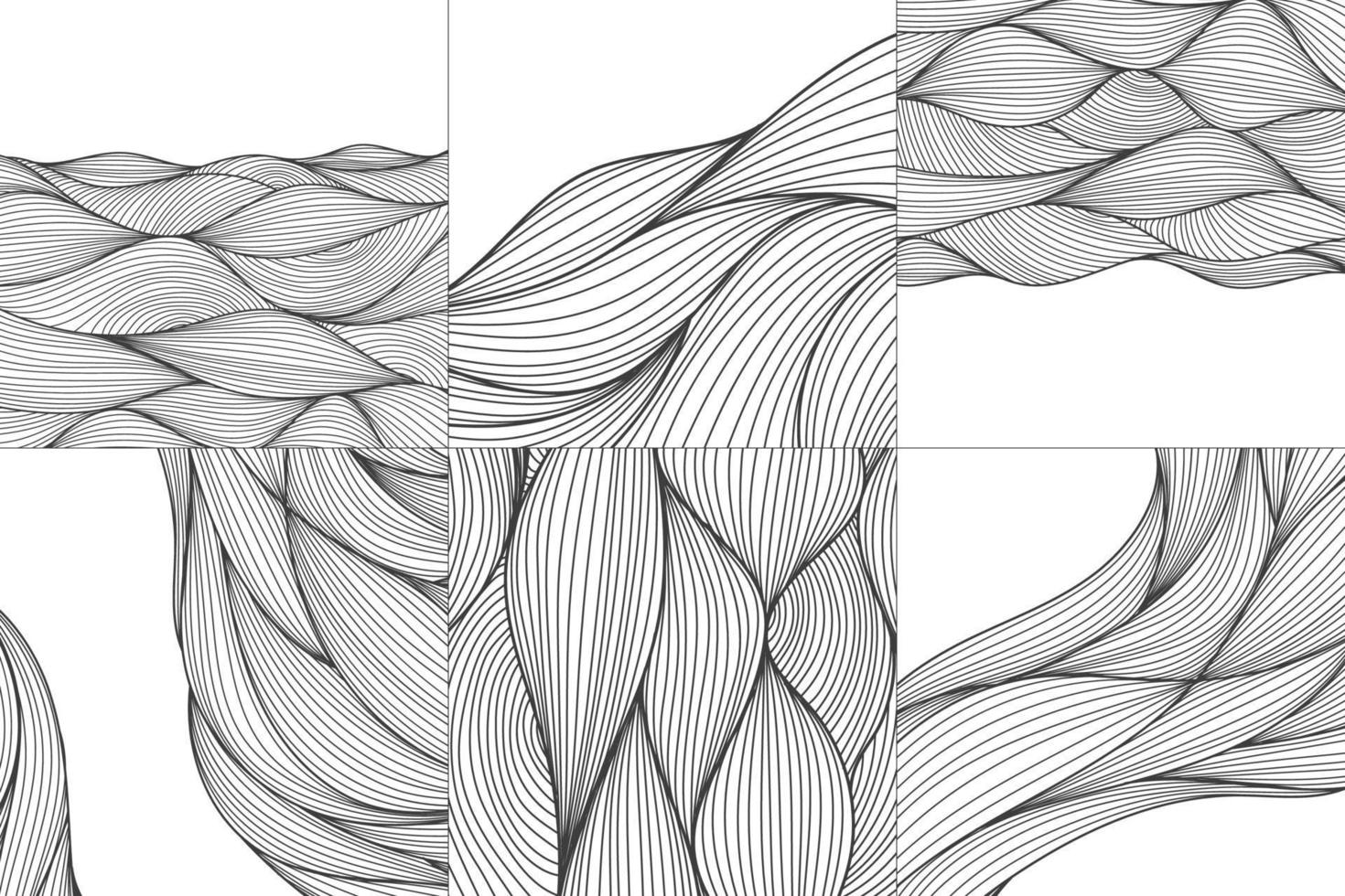 conjunto vectorial de patrones ondulados de croquis dibujados a mano, fondos orgánicos. ondas de cabello blanco y negro. texturas japonesas, rayas de garabatos vector