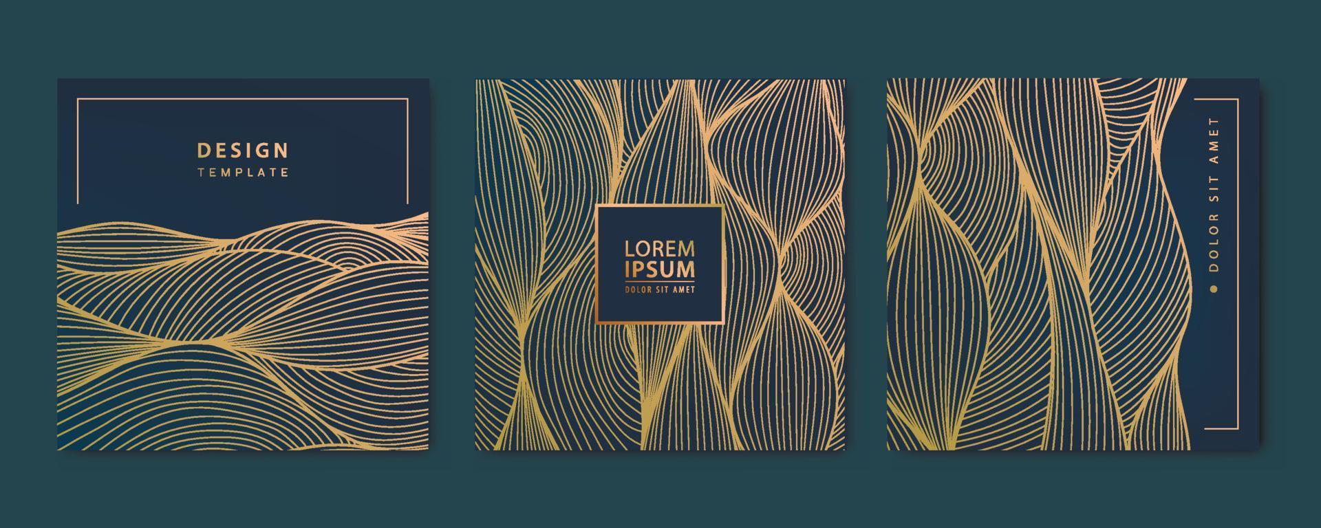 Vector set of wavy luxury line cards, golden dynamic square backgrounds, posts, design template. Art deco abstract patterns, texture for print, fabric, packaging design. Japanese style