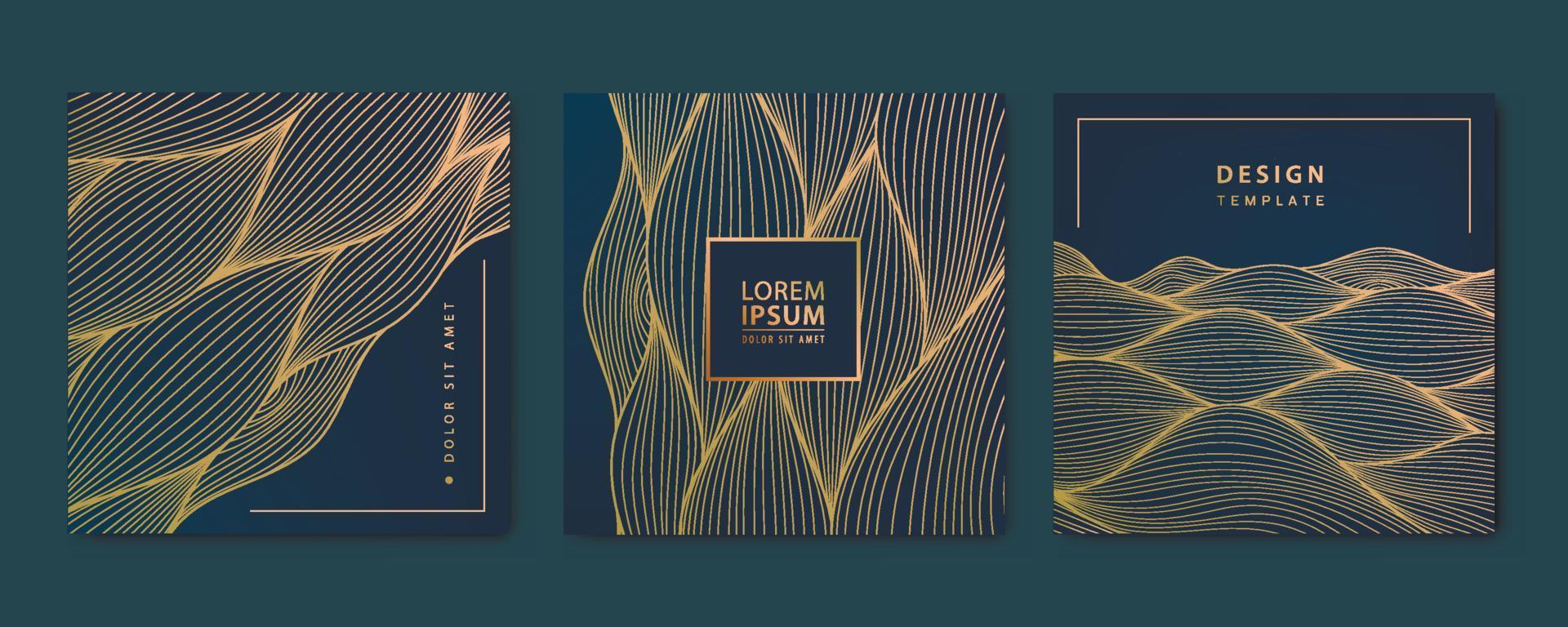 Vector set of wavy luxury line cards, golden dynamic square backgrounds, posts, design template. Art deco abstract patterns, texture for print, fabric, packaging design. Japanese style