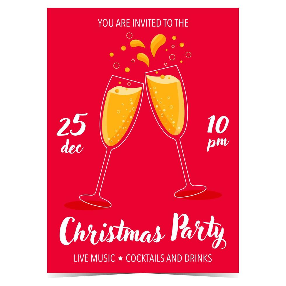 Christmas party invitation vector template. Christmas party banner, poster, invitation card or greeting card with two clinking glasses of champagne on red background. Christmas celebration invite.
