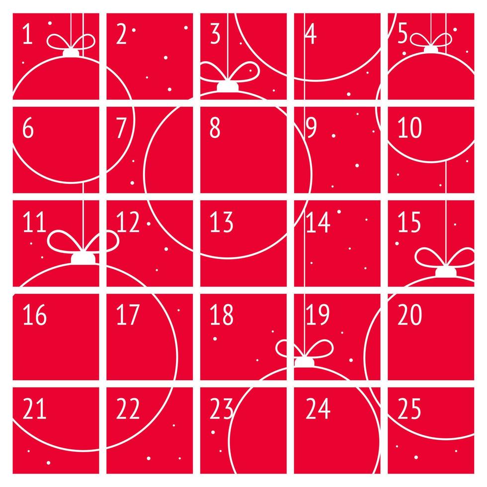 Christmas advent calendar in minimalist style with Christmas balls decorations on red background. Advent calendar with surprises for children to count days until winter holidays. Vector illustration.