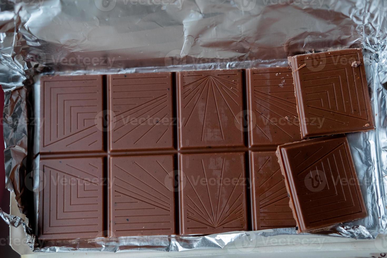 open bar of milk chocolate . chocolate bar in foil photo