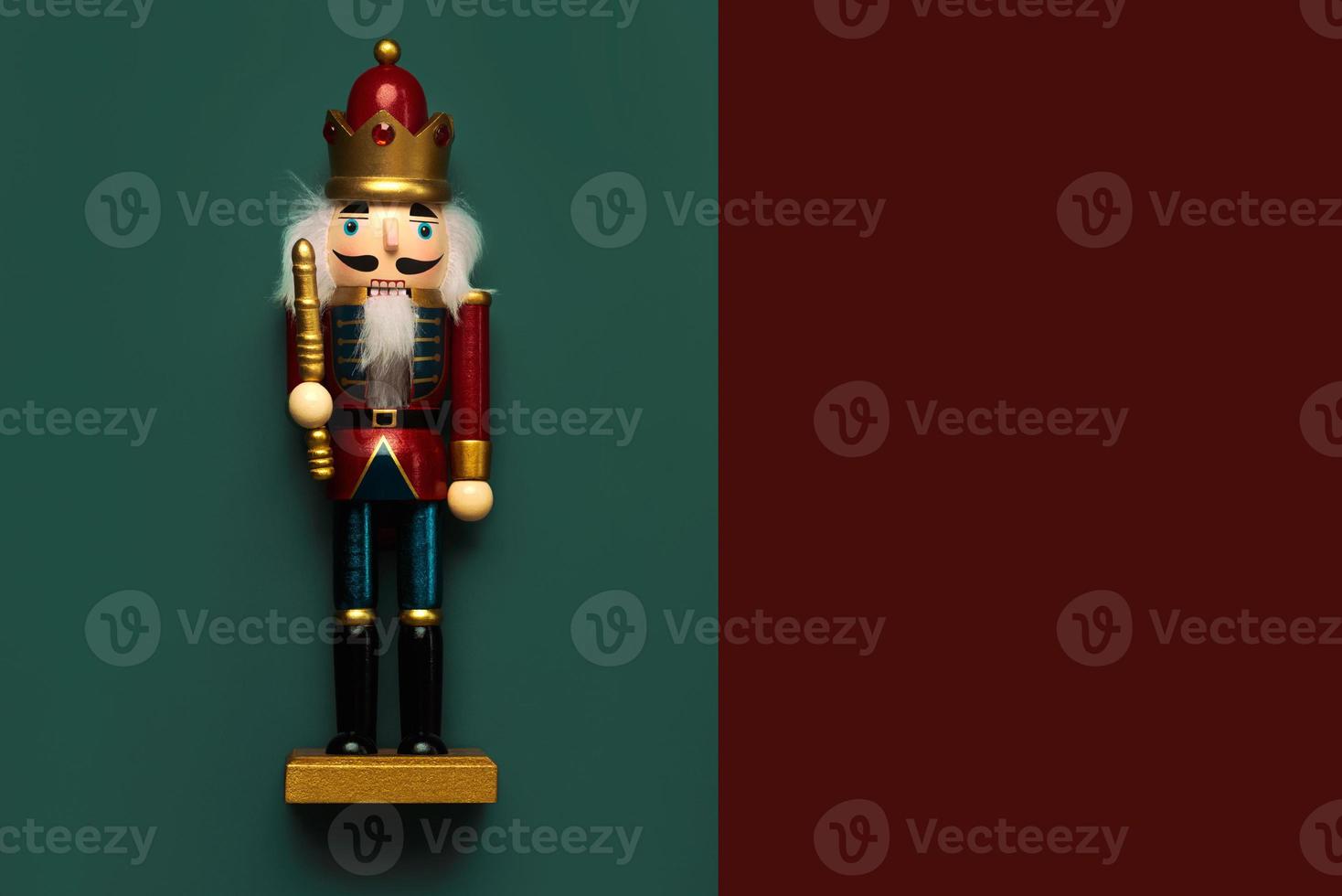 Christmas toys concept. Top view of christmas wooden nutcracker toy solider with space for text photo