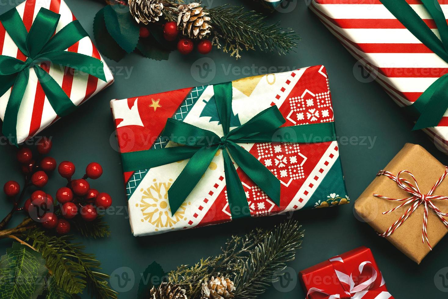 Christmas concept background. Top view of christmas gifts and christmas ornament photo