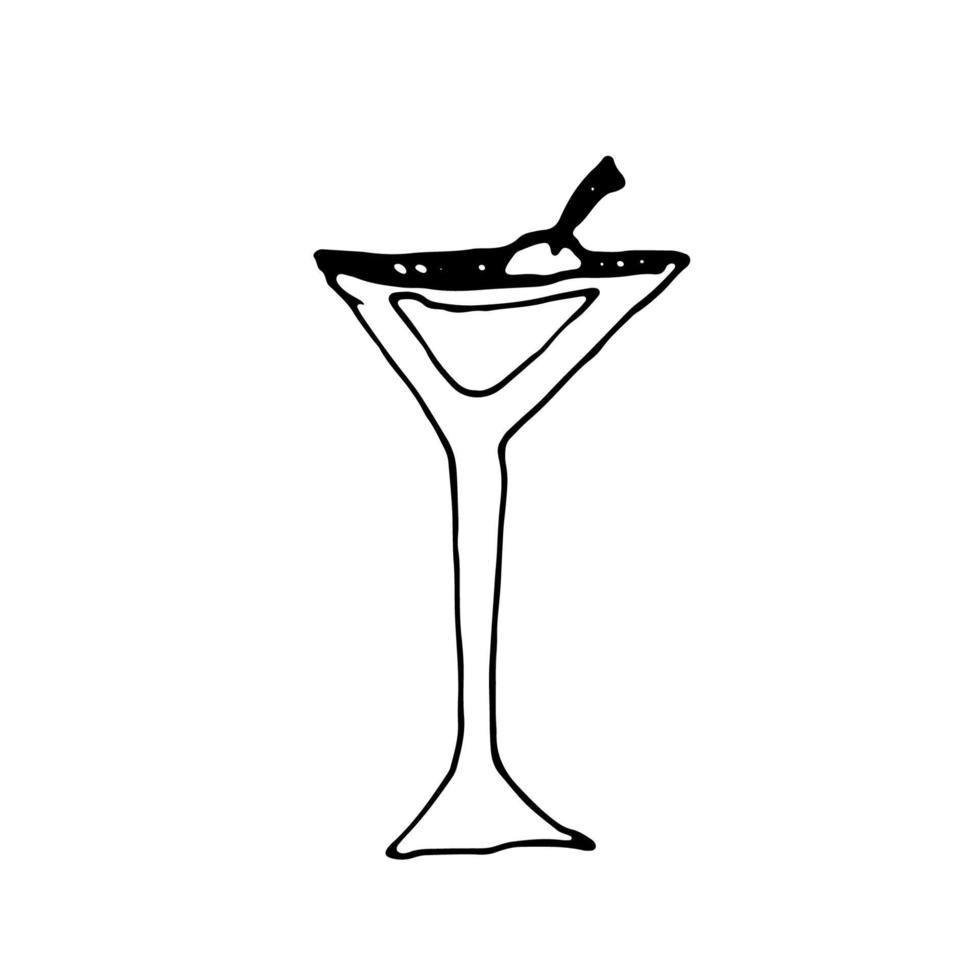 Drink dishes martini glass. Line art hand drawn illustration. Black vector sketch isolated on white.