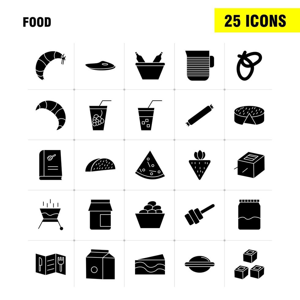 los iconos de glifos sólidos de alimentos establecidos para infografías kit uxui móvil y diseño de impresión incluyen comida de barbacoa plato de comida de carne colección de arroz de comida logotipo de infografía moderna y vector de pictograma