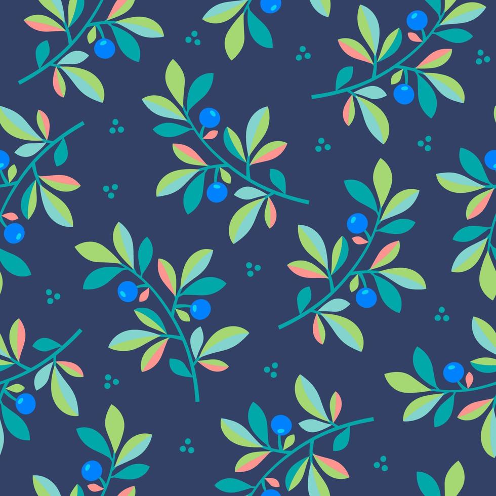 Blueberry branches and dots on navy blue background vintage seamless pattern. vector