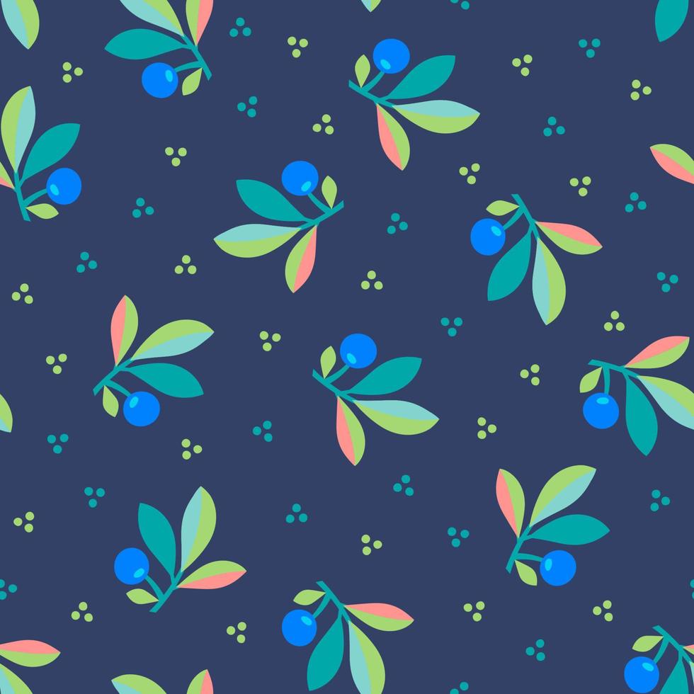 Blueberry branches and dots on dark blue background scattered vintage seamless pattern. vector